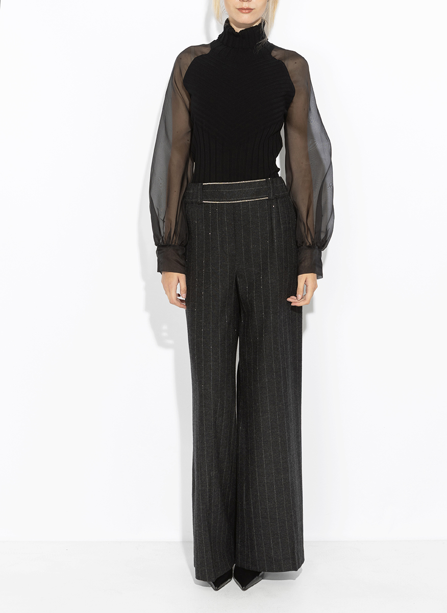 D. Exterior striped wool trousers