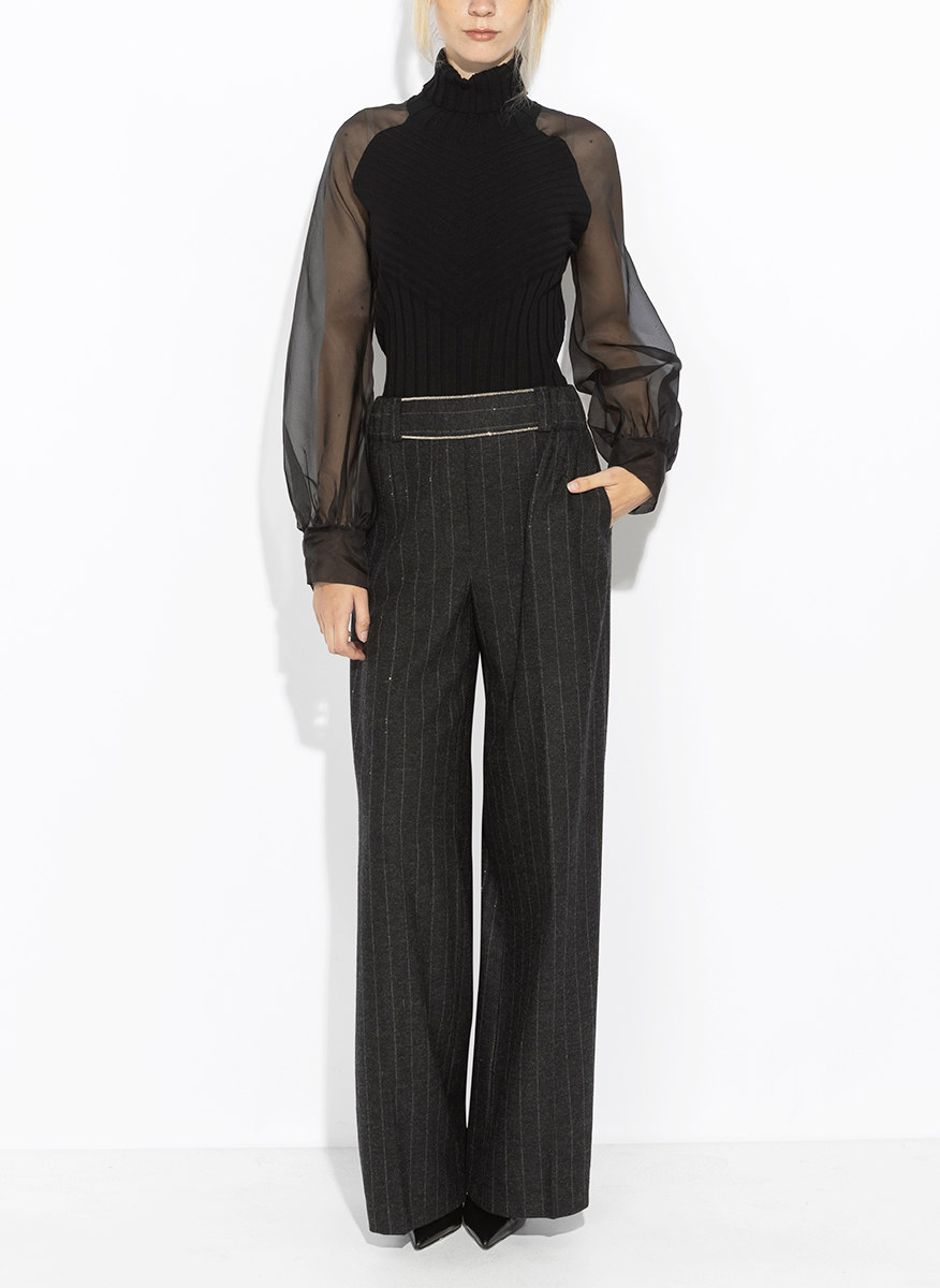 D. Exterior striped wool trousers