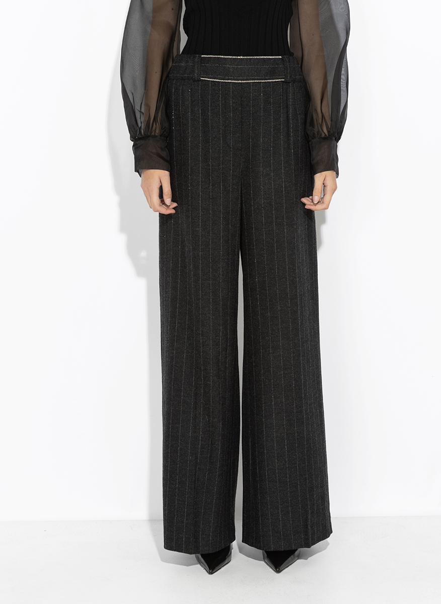 D. Exterior striped wool trousers