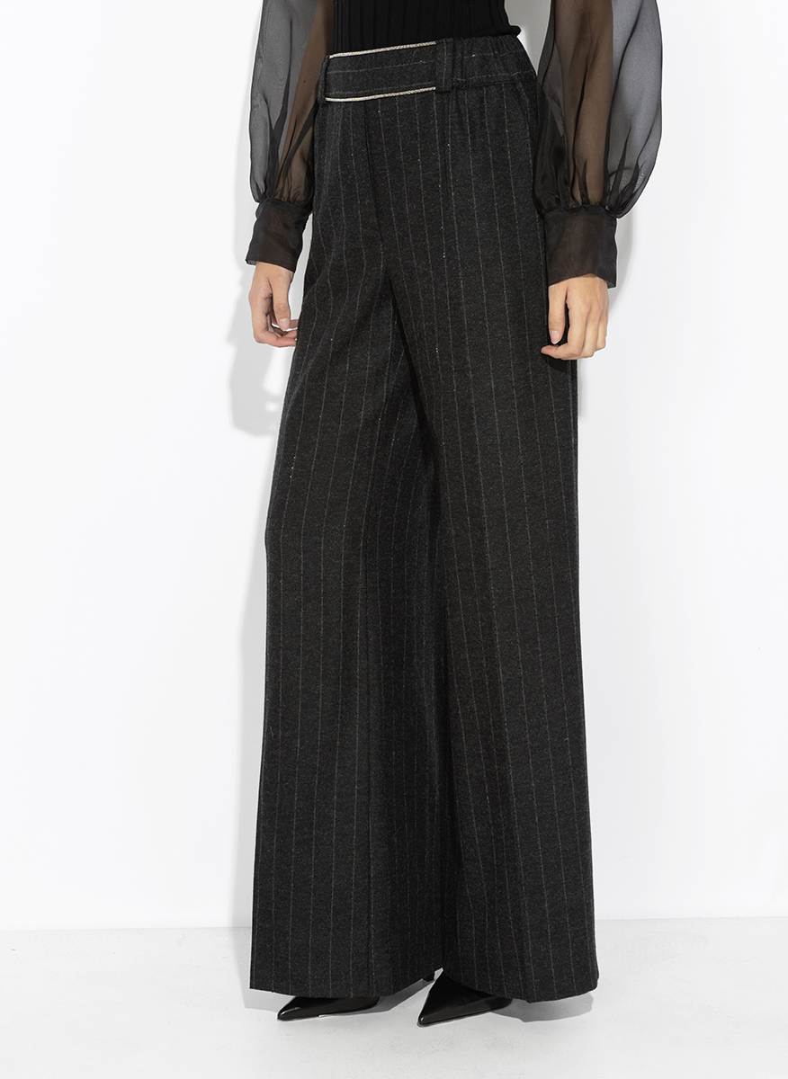 D. Exterior striped wool trousers