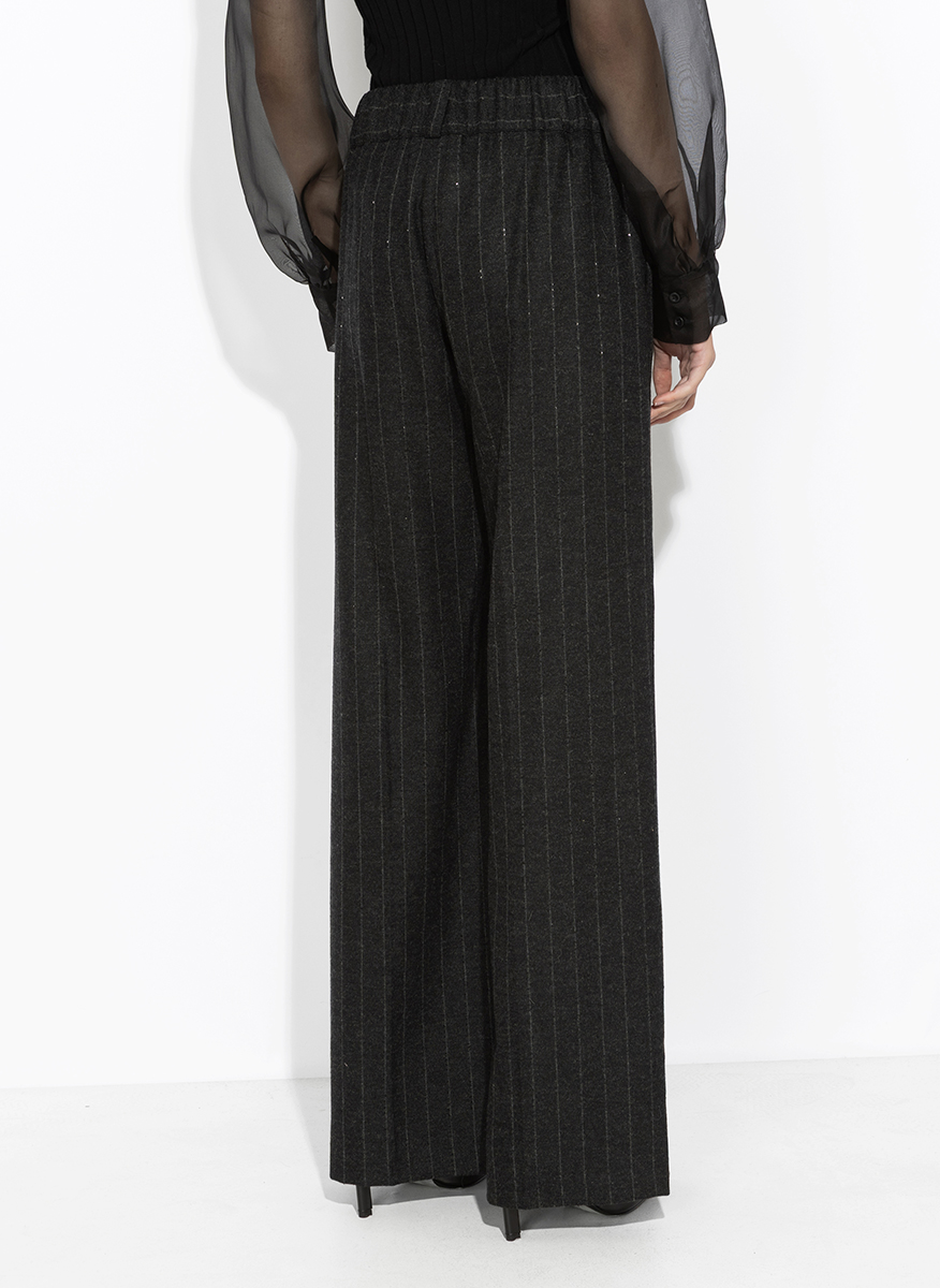 D. Exterior striped wool trousers