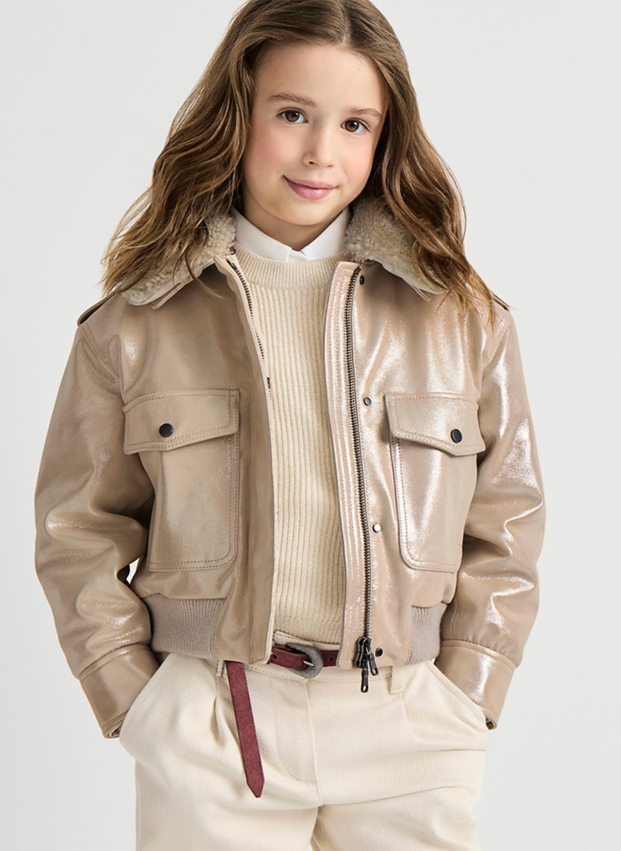 Brunello Cucinelli Kids 12 leather jacket with shearling collar