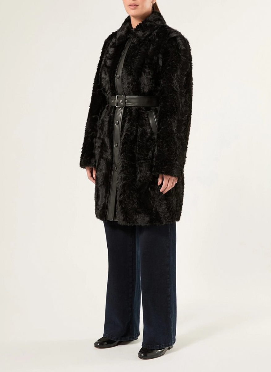 Marina Rinaldi Mrnquadro fluffy coat with leather trims
